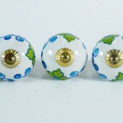 Ceramic  Knobs - White Round, Green Flower Design - Farmhouse, Home, Office, Garage, Room, Bathroom, Kitchen, Bedroom - Set Of 5