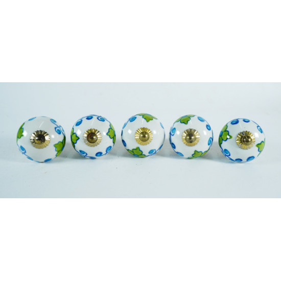 Ceramic  Knobs - White Round, Green Flower Design - Farmhouse, Home, Office, Garage, Room, Bathroom, Kitchen, Bedroom - Set Of 5