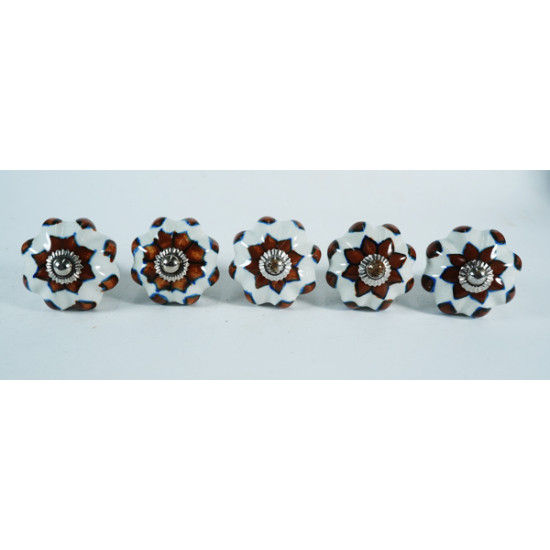 Ceramic  Knobs - Broun Flower Design - Door Handle for Kitchen Cabinets Wardrobe - Set Of 5