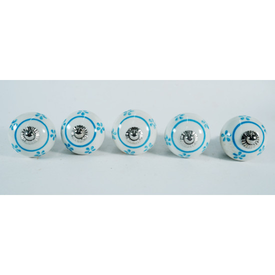 White & Round Blue line Flower Design Ceramic Knobs - For Drawer Kitchen Cabinet Hardware Door Pulls Decorative Dresser Premium Elegance - Pack Of 5