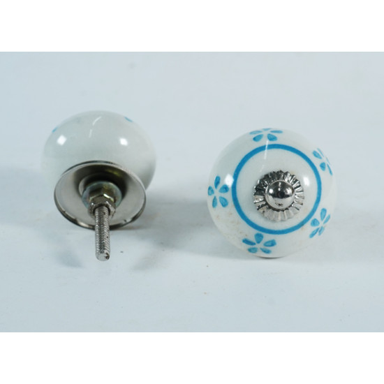 White & Round Blue line Flower Design Ceramic Knobs - For Drawer Kitchen Cabinet Hardware Door Pulls Decorative Dresser Premium Elegance - Pack Of 5