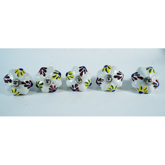 Ceramic  Knobs - Yellow & Red Leaf Design - Door Handle for Kitchen Cabinets Wardrobe - Set Of 5