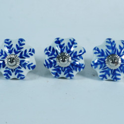 NOVELIKA -White Ceramic Blue Leaf's Knobs- For  Kitchen Cupboard ,Furniture Home Décor,  Cabinet - Drawer - Cabinet pulls - Door knobs. (Set Of 5.)