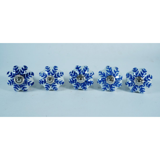 NOVELIKA -White Ceramic Blue Leaf's Knobs- For  Kitchen Cupboard ,Furniture Home Décor,  Cabinet - Drawer - Cabinet pulls - Door knobs. (Set Of 5.)