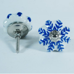 NOVELIKA -White Ceramic Blue Leaf's Knobs- For  Kitchen Cupboard ,Furniture Home Décor,  Cabinet - Drawer - Cabinet pulls - Door knobs. (Set Of 5.)