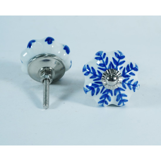 NOVELIKA -White Ceramic Blue Leaf's Knobs- For  Kitchen Cupboard ,Furniture Home Décor,  Cabinet - Drawer - Cabinet pulls - Door knobs. (Set Of 5.)