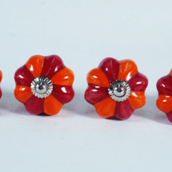 Red & Orange Design - Ceramic  Knobs - Door Handle for Kitchen Cabinets Wardrobe - Set Of 4