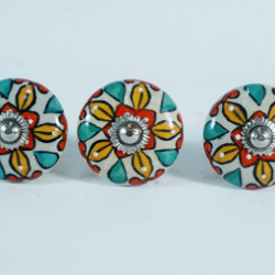Off White & Multicolor Flower Design Ceramic Drawer Knobs - For Kitchen Cabinet Hardware Door Handle Pulls Decorative Dresser - Pack Of 5