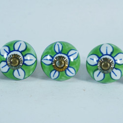 Green & White Flower Design - Ceramic  Knobs - Door Handle for Kitchen Cabinets Wardrobe - Set Of 5