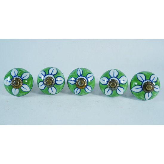 Green & White Flower Design - Ceramic  Knobs - Door Handle for Kitchen Cabinets Wardrobe - Set Of 5
