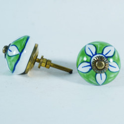 Green & White Flower Design - Ceramic  Knobs - Door Handle for Kitchen Cabinets Wardrobe - Set Of 5