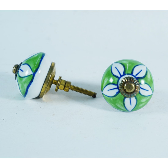 Green & White Flower Design - Ceramic  Knobs - Door Handle for Kitchen Cabinets Wardrobe - Set Of 5
