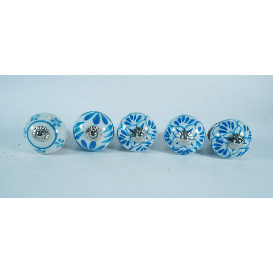 Ceramic  Knobs - White Multi Design - Kitchen Cabinet Hardware Door Decorative Dresser Pulls - Set Of 5