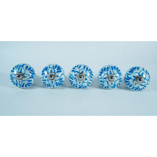 White & Blue Flower Design Drawer Ceramic Knob - For Kitchen Cabinet Hardware Door Pulls Decorative Dresser - Pack Of 5