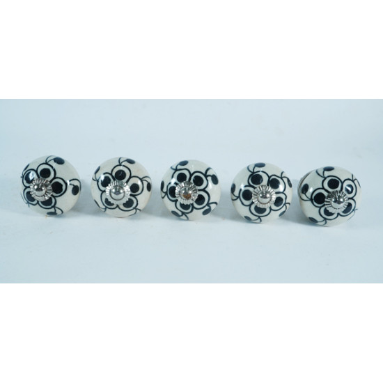 White Round, Black Flower Design - Ceramic Knobs - For Decorative Kitchen and Dresser Handles - Set Of 5