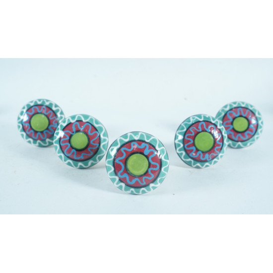 Green & Red Line Colorful Design Drawer Ceramic Knob - For Kitchen Cabinet Hardware Door Pulls Decorative Dresser - Pack Of 5