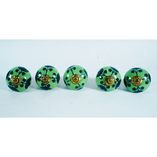 Dark Green Leaf Deign - Ceramic Knobs - Kitchen Cabinet Hardware Door Decorative Dresser Pulls - Set of 5