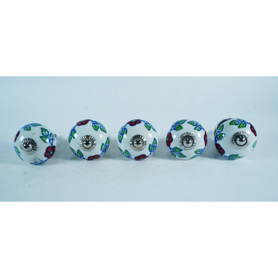 White and Leaf Flower Design Ceramic Drawer Knobs - For Kitchen Cabinet Hardware Door Pulls Decorative Dresser Stainless steel - Pack Of 5