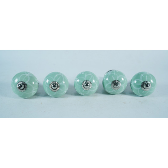 Green & White Leaf Design Drawer Ceramic Knob - For Kitchen Cabinet Hardware Door Pulls Decorative Dresser - Pack Of 5