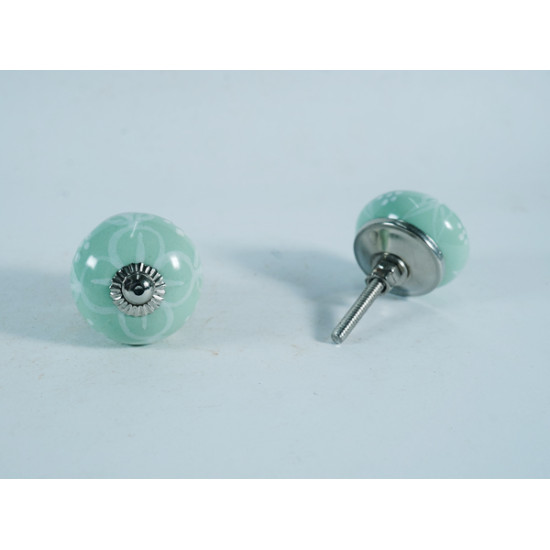 Green & White Leaf Design Drawer Ceramic Knob - For Kitchen Cabinet Hardware Door Pulls Decorative Dresser - Pack Of 5
