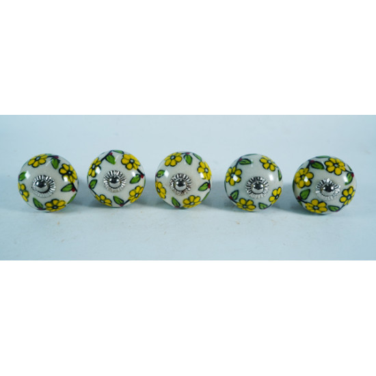 White & Leaf Flower Design Ceramic Knob - For Bathroom Kitchen Cabinet Hardware Door Pulls Decorative Dresser - Pack Of 5