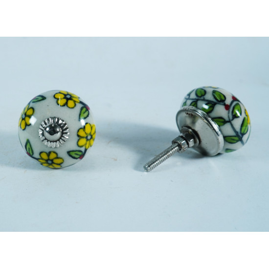 White & Leaf Flower Design Ceramic Knob - For Bathroom Kitchen Cabinet Hardware Door Pulls Decorative Dresser - Pack Of 5