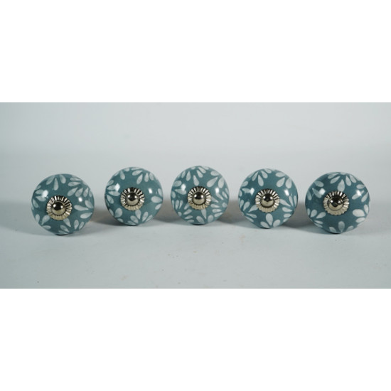 Grey & White Leaf Design Drawer Ceramic Knob - For Kitchen Cabinet Hardware Door Pulls Decorative Dresser - Pack Of 5