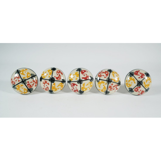 Yellow & Red Vintage Handmade Ceramic Knobs - For Kitchen Cabinet Hardware Door Furniture Handle Drawer Pulls Dresser Handle Knobs - Pack of 5