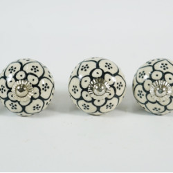 Off White & Black Dotted Flower Design Ceramic Knob - For Bathroom Kitchen Cabinet Hardware Door Pulls Decorative Dresser - Pack Of 5