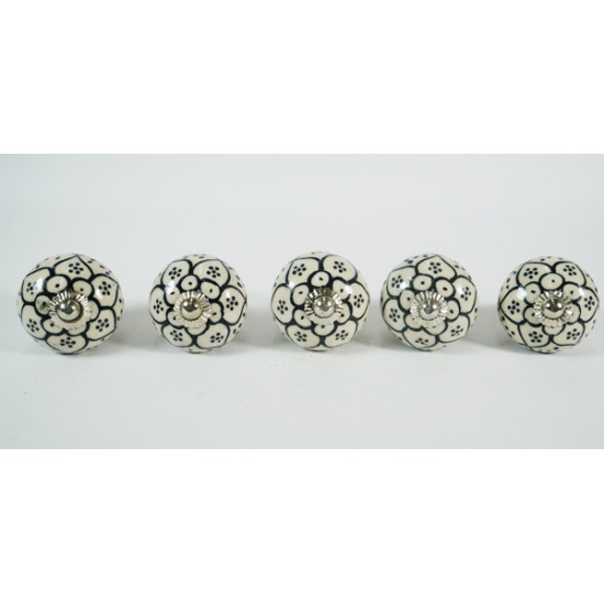Off White & Black Dotted Flower Design Ceramic Knob - For Bathroom Kitchen Cabinet Hardware Door Pulls Decorative Dresser - Pack Of 5