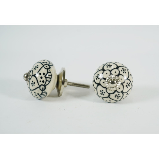Off White & Black Dotted Flower Design Ceramic Knob - For Bathroom Kitchen Cabinet Hardware Door Pulls Decorative Dresser - Pack Of 5