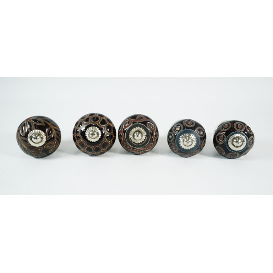 Brown Dotted & Leaf Design Ceramic Knobs  - For Kitchen Cabinet Hardware Door Furniture Handle Drawer Pulls Dresser Handle Knobs - Pack of 5