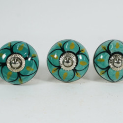 Green & Black Flower Design - Ceramic  Knobs - Door Handle For Kitchen Cabinets Wardrobe - Set Of 5