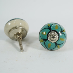 Green & Black Flower Design - Ceramic  Knobs - Door Handle For Kitchen Cabinets Wardrobe - Set Of 5