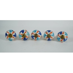 Blue & Sky Blue Flower & Orange Leaf Ceramic  Knobs - Kitchen Cabinet Hardware Door Decorative Dresser Pulls - Set Of 5 