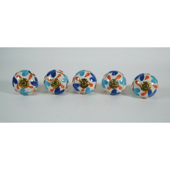 Blue & Sky Blue Flower & Orange Leaf Ceramic  Knobs - Kitchen Cabinet Hardware Door Decorative Dresser Pulls - Set Of 5 