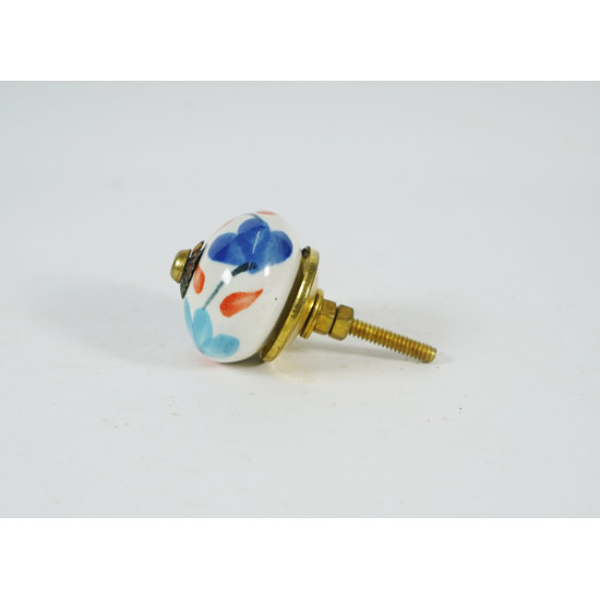 Blue & Sky Blue Flower & Orange Leaf Ceramic  Knobs - Kitchen Cabinet Hardware Door Decorative Dresser Pulls - Set Of 5 