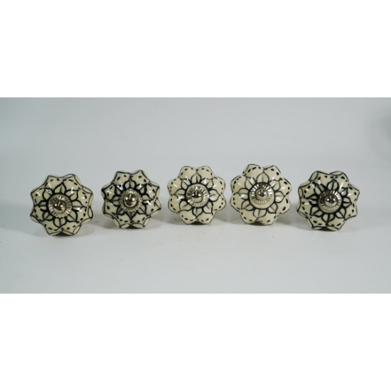 Off White & Black Flower Design Ceramic Knob - For Bathroom Kitchen Cabinet Hardware Door Pulls Decorative Dresser - Pack Of 5 Off White & Black Flower Design Ceramic Knob - For Bathroom Kitchen Cabinet Hardware Door Pulls Decorative Dresser - Pack Of 5