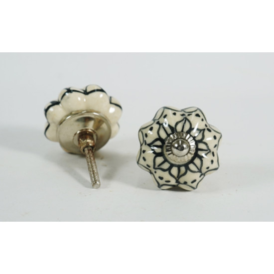 Off White & Black Flower Design Ceramic Knob - For Bathroom Kitchen Cabinet Hardware Door Pulls Decorative Dresser - Pack Of 5 Off White & Black Flower Design Ceramic Knob - For Bathroom Kitchen Cabinet Hardware Door Pulls Decorative Dresser - Pack Of 5