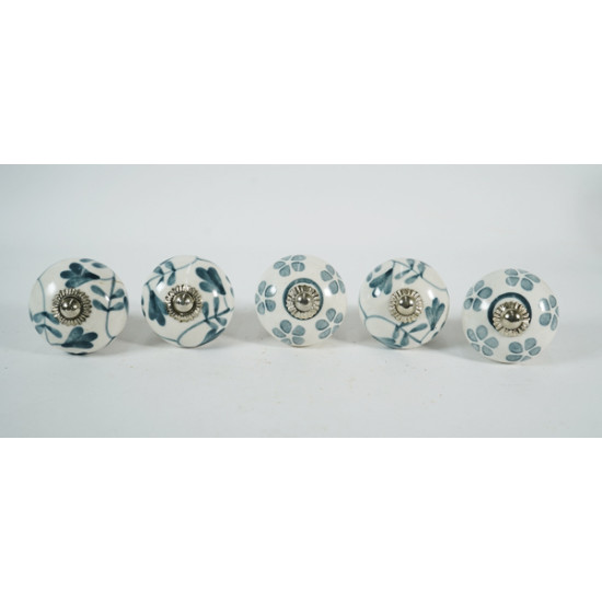 White & Grey Multi Design Ceramic Knob - For Bathroom Kitchen Cabinet Hardware Door Pulls Decorative Dresser - Pack Of 5