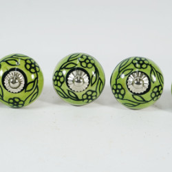 Green & Black Leaf Flower Design Ceramic Knob - For Bathroom Kitchen Cabinet Hardware Door Pulls Decorative Dresser - Pack Of 5