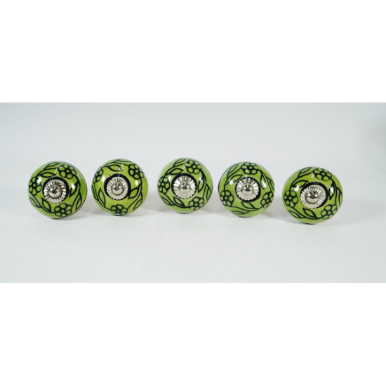 Green & Black Leaf Flower Design Ceramic Knob - For Bathroom Kitchen Cabinet Hardware Door Pulls Decorative Dresser - Pack Of 5