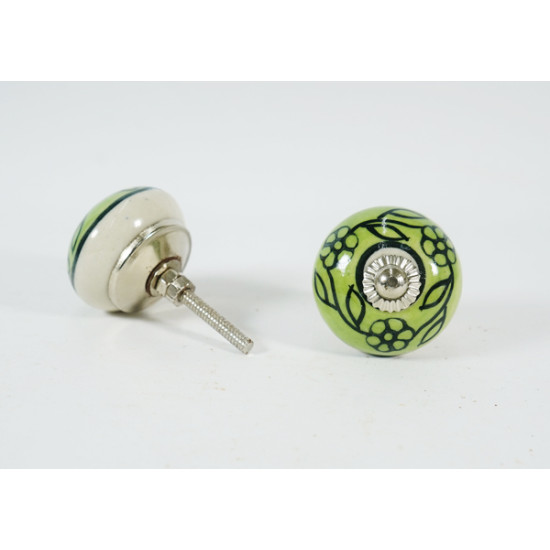 Green & Black Leaf Flower Design Ceramic Knob - For Bathroom Kitchen Cabinet Hardware Door Pulls Decorative Dresser - Pack Of 5