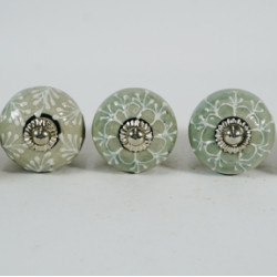 Sage Green & White Flower Design Drawer Ceramic Knob - For Kitchen Cabinet Hardware Door Pulls Decorative Dresser - Pack Of 5