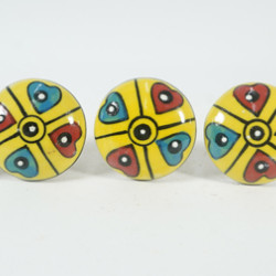 Ceramic  Knobs - Yellow Round, Blue & Red Heart Design - Farmhouse, Home, Office, Garage, Room, Bathroom, Kitchen, Bedroom - Set Of 5