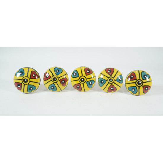 Ceramic  Knobs - Yellow Round, Blue & Red Heart Design - Farmhouse, Home, Office, Garage, Room, Bathroom, Kitchen, Bedroom - Set Of 5
