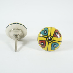 Ceramic  Knobs - Yellow Round, Blue & Red Heart Design - Farmhouse, Home, Office, Garage, Room, Bathroom, Kitchen, Bedroom - Set Of 5