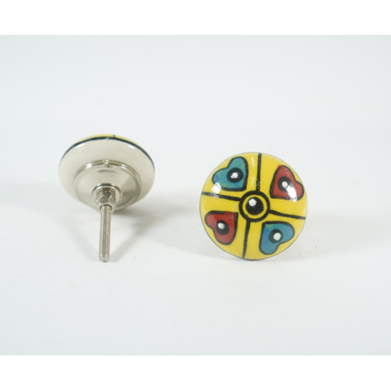 Ceramic  Knobs - Yellow Round, Blue & Red Heart Design - Farmhouse, Home, Office, Garage, Room, Bathroom, Kitchen, Bedroom - Set Of 5