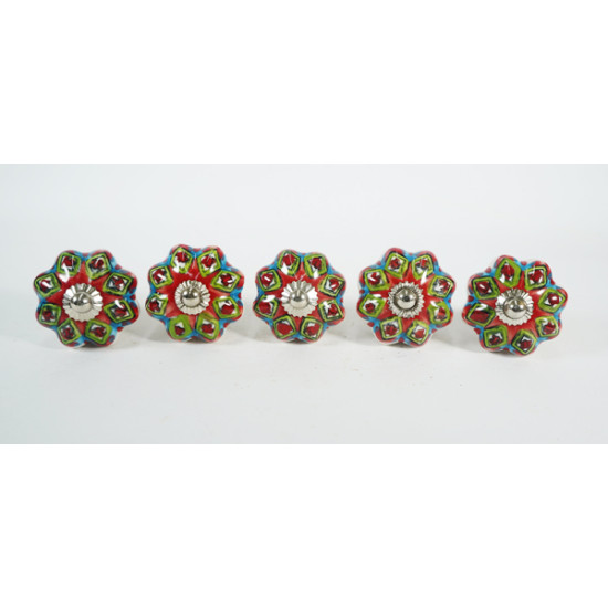 Red & Green Flower Design - Ceramic Knobs - For Decorative Kitchen and Dresser Handles - Set Of 5 Red & Green Flower Design - Ceramic Knobs - For Decorative Kitchen and Dresser Handles - Set Of 5