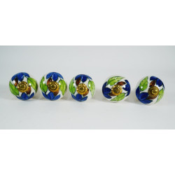 Ceramic  Knobs - Blue Flower & Green Leaf- Door Handle for Kitchen Cabinets Wardrobe - Set Of 5  Ceramic  Knobs - Blue Flower & Green Leaf- Door Handle for Kitchen Cabinets Wardrobe - Set Of 5